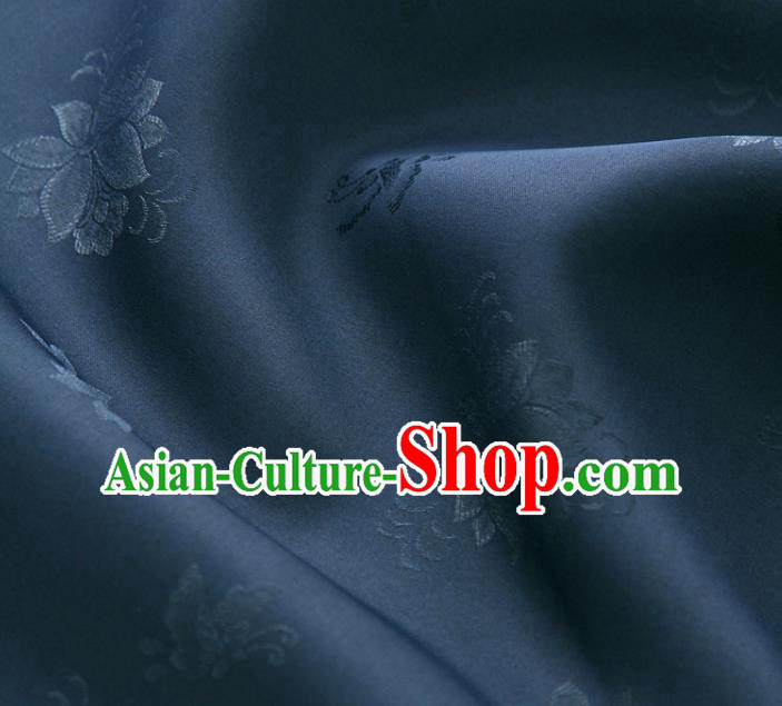 Asian Korea Classical Campsis Grandiflora Pattern Navy Silk Fabric Korean Fashion Drapery Traditional Hanbok Material