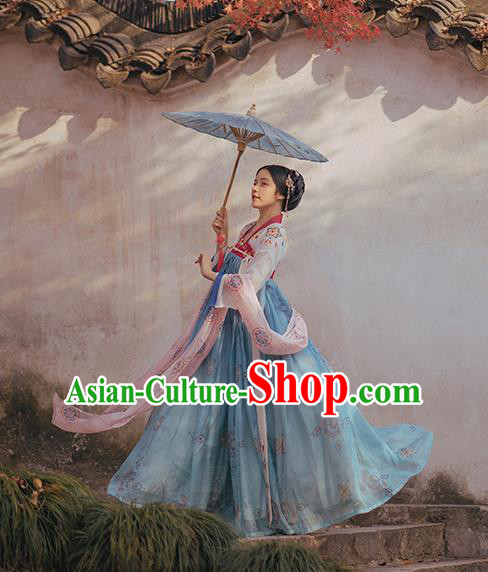 Chinese Ancient Palace Princess Costumes Traditional Tang Dynasty Hanfu Apparels White Blouse and Blue Dress Full Set