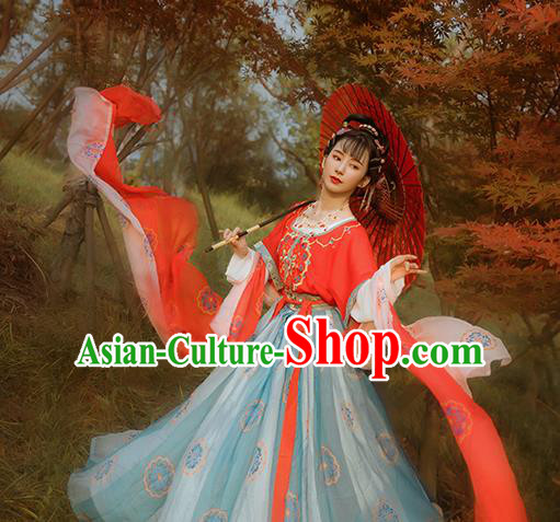 Chinese Ancient Flying Apsaras Fairy Dance Costumes Traditional Tang Dynasty Princess Top Blouse and Skirt Hanfu Apparels