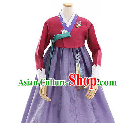 Korean Bride Mother Hanbok Wine Red Blouse and Purple Dress Korea Fashion Costumes Traditional Festival Apparels for Women