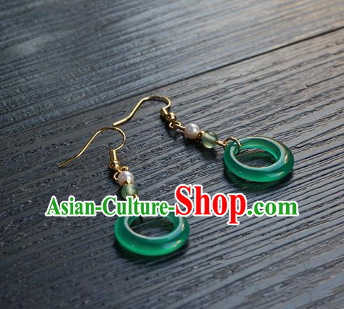 Handmade Chinese Women Hanfu Ear Accessories Ancient Court Eardrop Classical Green Ring Earrings