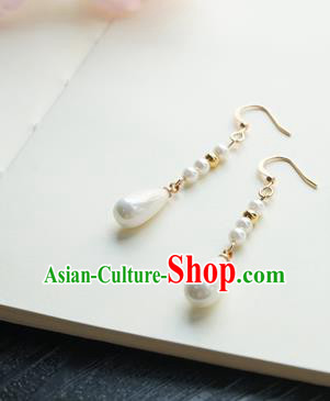 Handmade Chinese Women Cheongsam Ear Accessories Classical Hanfu White Pearls Earrings