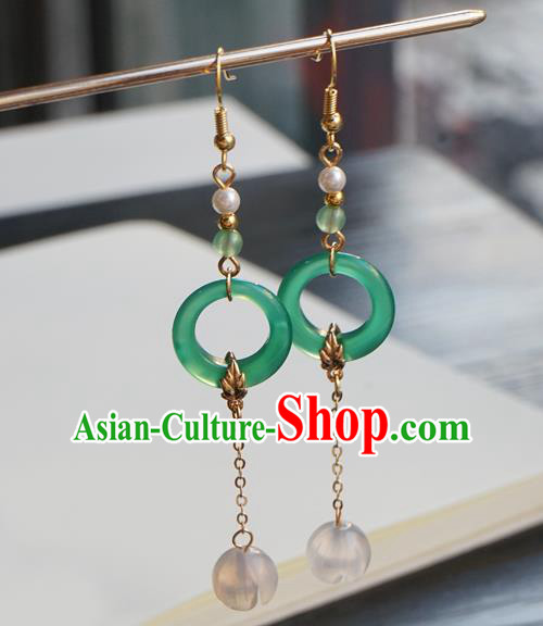 Handmade Chinese Women Hanfu Long Tassel Ear Accessories Ancient Court Eardrop Classical Green Ring Earrings