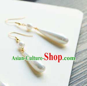 Handmade Chinese Women Cheongsam White Pearl Ear Accessories Classical Hanfu Earrings