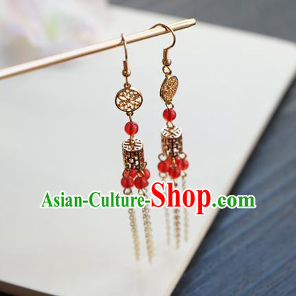 Handmade Chinese Women Golden Tassel Ear Accessories Classical Hanfu Red Beads Earrings