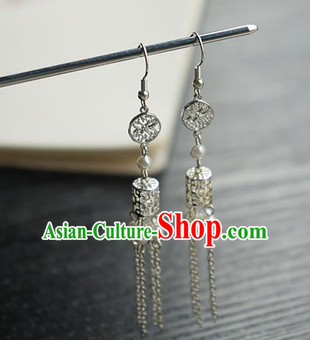 Handmade Chinese Women Argent Tassel Ear Accessories Classical Hanfu White Beads Earrings