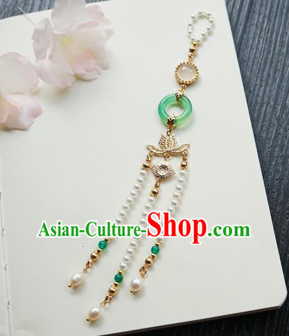 Chinese Classical Jewelry Accessories Ancient Hanfu Green Ring Brooch Golden Lotus Beads Tassel Pendant