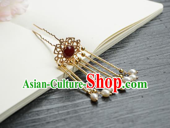 Chinese Classical Pearls Tassel Hair Clip Hair Accessories Handmade Ancient Golden Beads Hairpin for Women