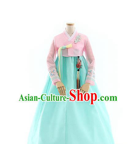 Korean Bride Hanbok Pink Blouse and Blue Dress Korea Fashion Wedding Costumes Traditional Festival Apparels for Women