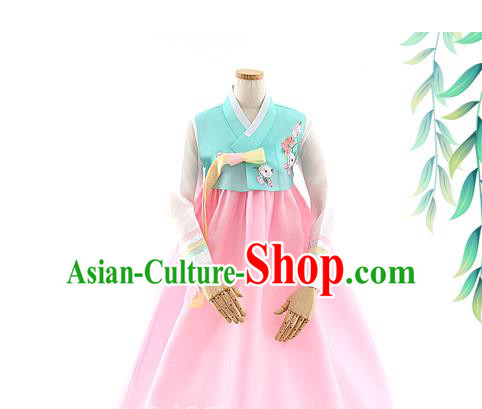 Korean Bride Hanbok Blue Blouse and Pink Dress Korea Fashion Wedding Costumes Traditional Festival Apparels for Women