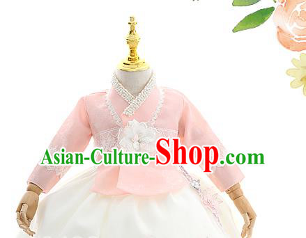 Asian Korea Court Girls Pink Blouse and White Dress Korean Kids Birthday Fashion Traditional Hanbok Apparels Costumes