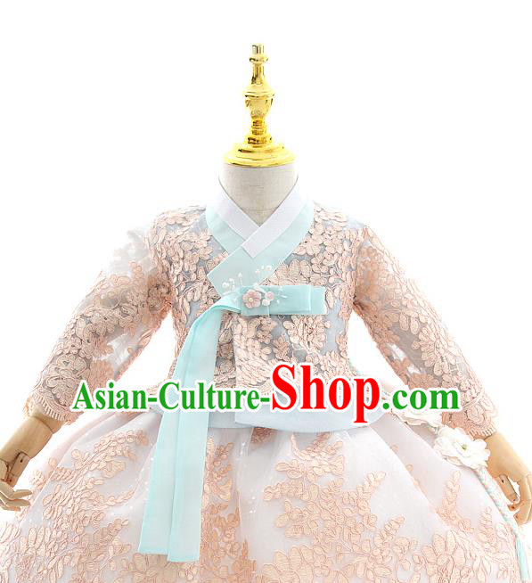 Asian Korea Court Girls Blue Lace Blouse and Dress Korean Kids Birthday Fashion Traditional Hanbok Apparels Costumes