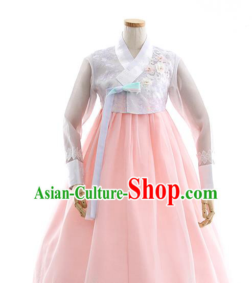 Korean Bride Hanbok Embroidered Lilac Blouse and Pink Dress Korea Fashion Wedding Costumes Traditional Festival Apparels for Women