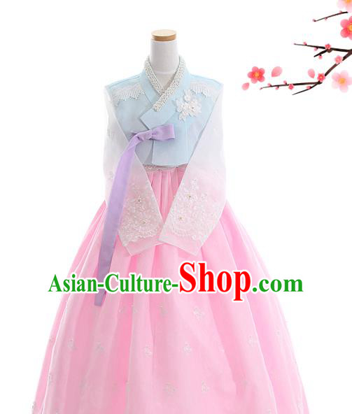 Korean Bride Hanbok Blue Blouse and Pink Dress Korea Fashion Wedding Costumes Traditional Festival Apparels for Women