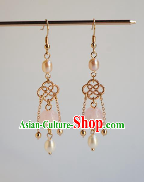 Handmade Chinese Classical Pearls Ear Accessories Ancient Women Hanfu Pink Bead Earrings