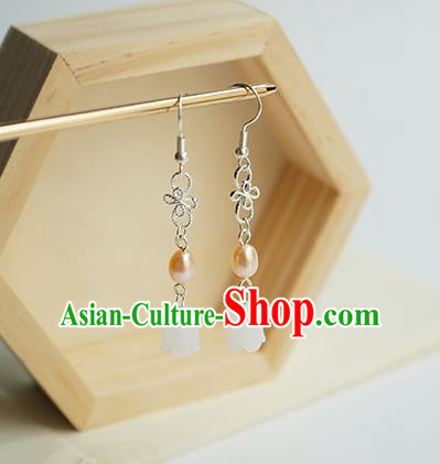 Handmade Chinese Classical White Convallaria Ear Accessories Ancient Women Hanfu Pearl Earrings