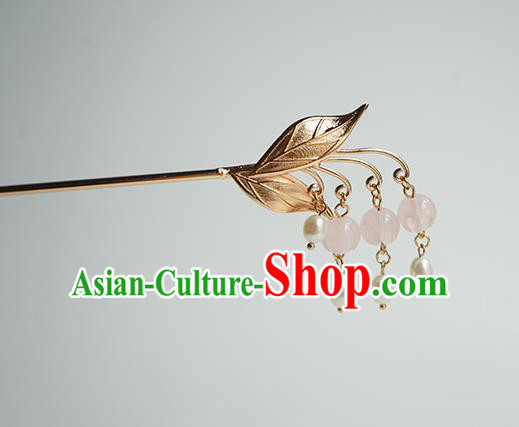 Chinese Hanfu Classical Pearls Tassel Hair Accessories Handmade Ancient Princess Golden Leaf Hairpins for Women