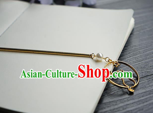 Chinese Classical Hanfu Hair Accessories Handmade Golden Cat Hairpin for Women