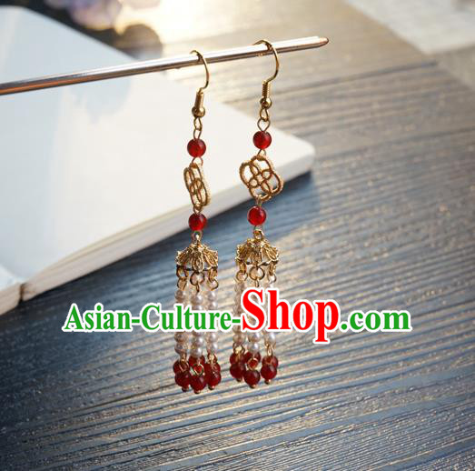 Handmade Chinese Ancient Court Ear Accessories Women Hanfu Golden Eardrop Classical Pearls Tassel Earrings