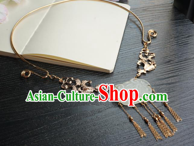 Chinese Handmade Hanfu Jade Necklace Classical Jewelry Accessories Ancient Princess Longevity Lock Golden Tassel Necklet for Women