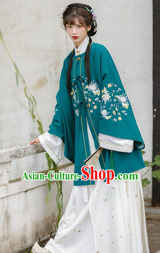 Traditional Chinese Ming Dynasty Patrician Female Costumes Hanfu Apparels Ancient Nobility Lady Green Blouse and Skirt Complete Set