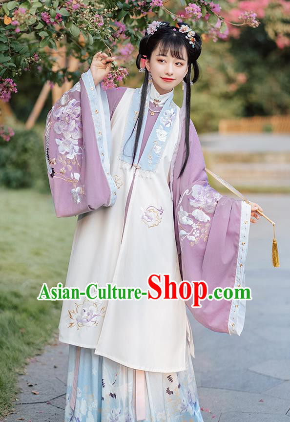 Ancient Chinese Patrician Lady Long Vest Blouse and Skirt Traditional Ming Dynasty Embroidered Costumes Hanfu Apparels Complete Set