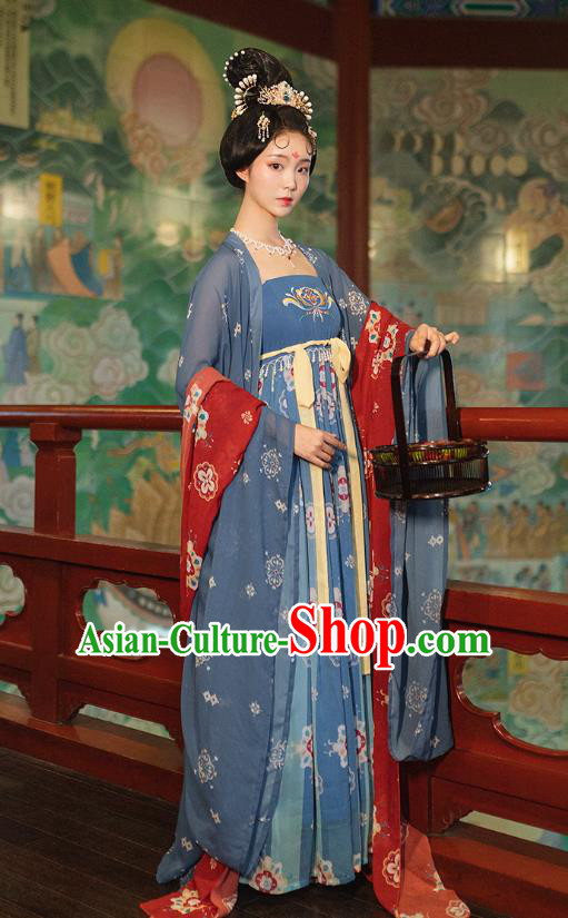 Chinese Tang Dynasty Imperial Concubine Costumes Ancient Court Woman Blue Cape and Dress Traditional Hanfu Apparels