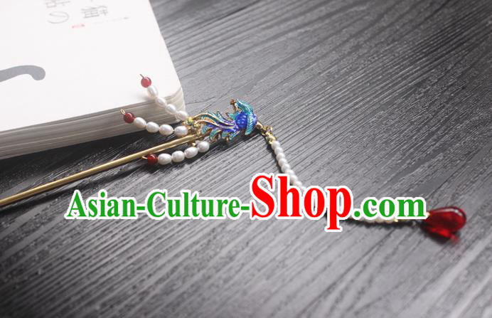 Chinese Classical Cloisonne Phoenix Hair Clip Hair Accessories Handmade Ancient Hanfu Pearls Tassel Hairpin for Women