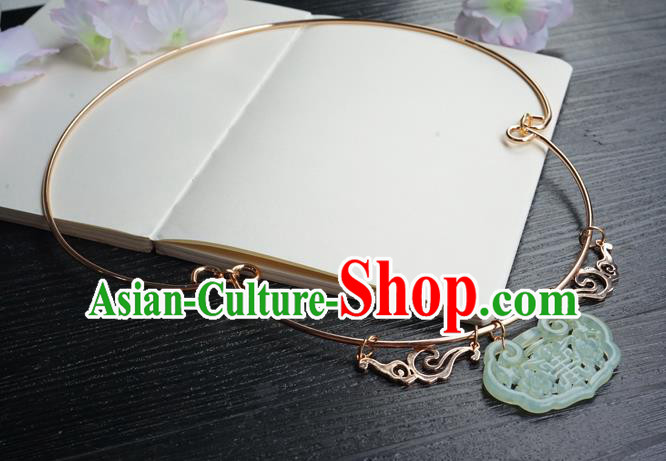 Chinese Handmade Hanfu Ming Dynasty Jade Pendant Necklace Classical Jewelry Accessories Ancient Princess Golden Necklet for Women