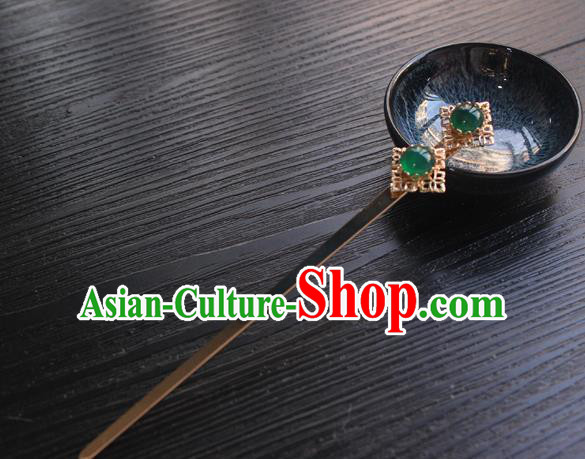 Chinese Classical Green Gems Hair Clip Hair Accessories Handmade Ancient Hanfu Golden Hairpin for Women