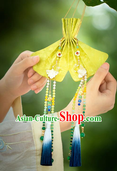 Chinese Classical Ginkgo Leaf Waist Accessories Ancient Princess Hanfu Yellow Silk Sachet Tassel Pendant