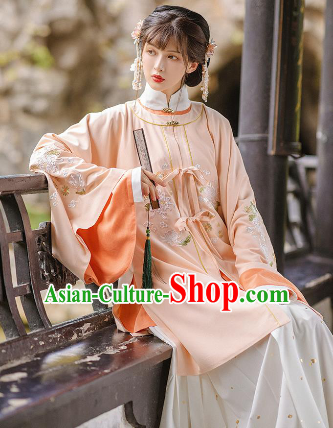 Chinese Ming Dynasty Historical Costumes Traditional Hanfu Apparels Ancient Patrician Lady Pink Gown and Skirt Complete Set