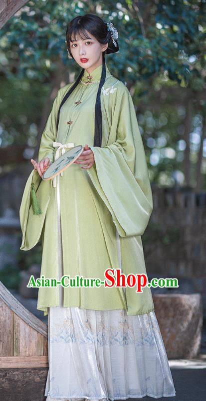 Chinese Ancient Young Lady Green Long Gown and Skirt Ming Dynasty Nobility Female Historical Costumes Traditional Hanfu Apparels Full Set