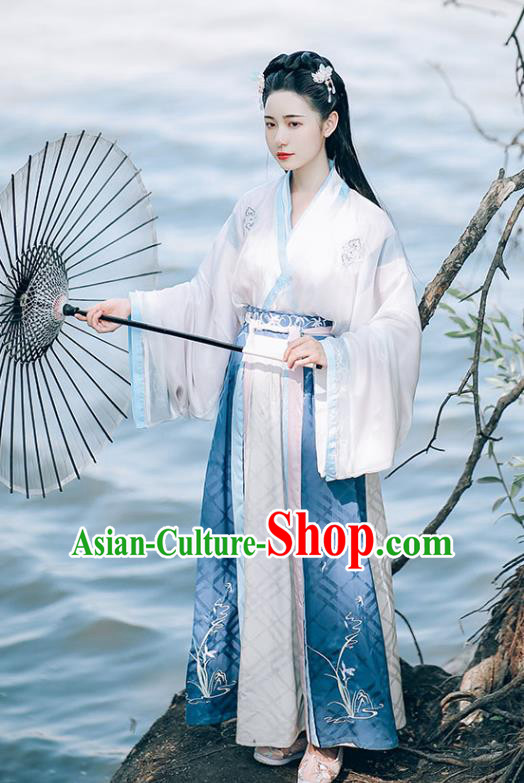 Chinese Ancient Princess White Top Blouse and Skirt Traditional Hanfu Apparels Jin Dynasty Palace Lady Historical Costumes