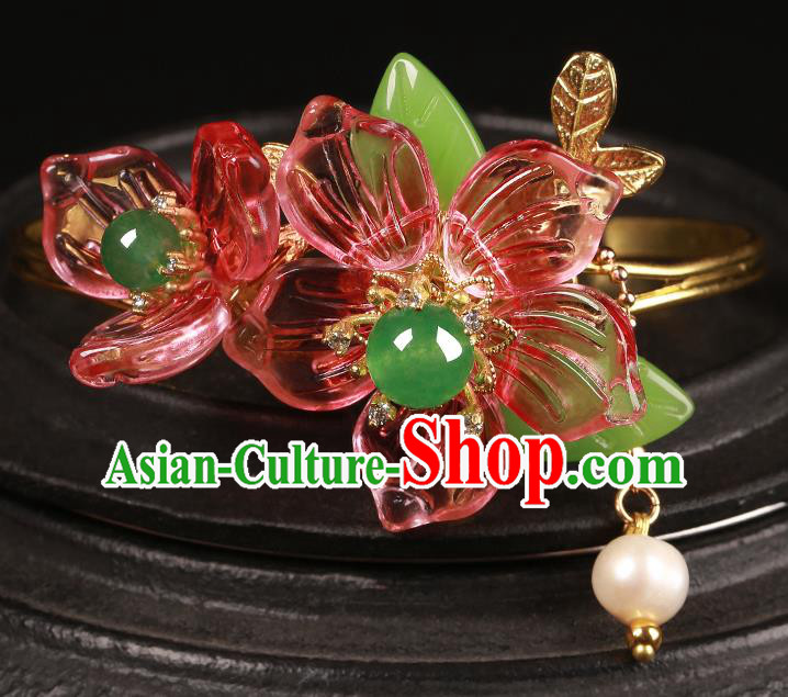 Chinese Handmade Hanfu Red Flowers Bracelet Classical Jewelry Accessories Bangle for Women