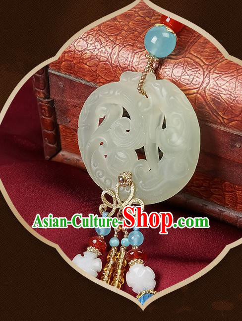 Chinese Classical Jade Carving Waist Accessories Ancient Swordsman Hanfu Blue Tassel Belt Pendant