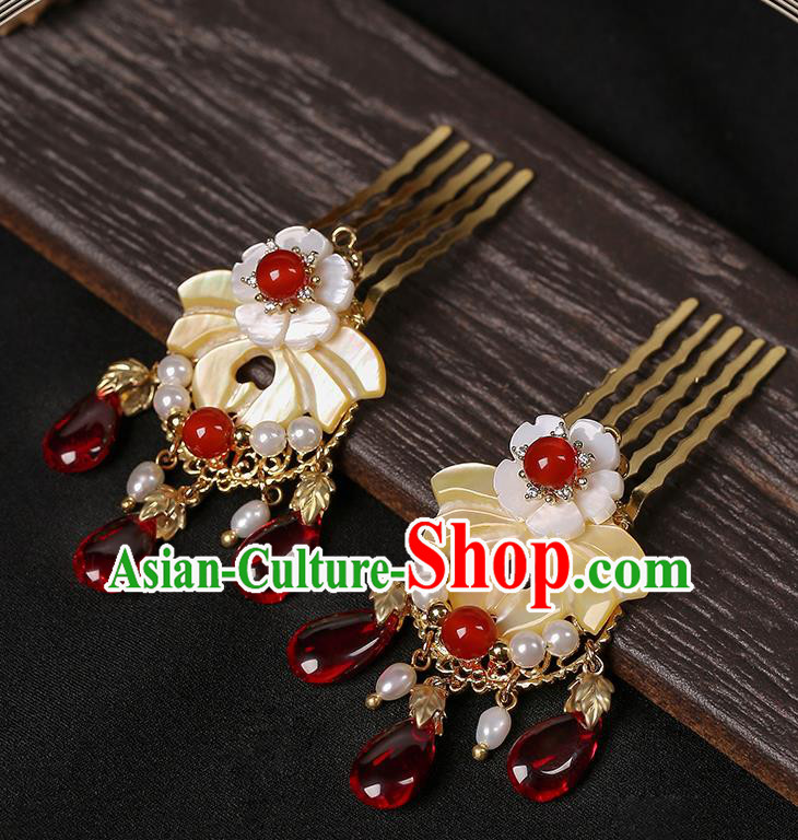 Chinese Classical Shell Flower Hair Comb Hair Accessories Handmade Ancient Court Lady Hanfu Pearls Hairpins for Women