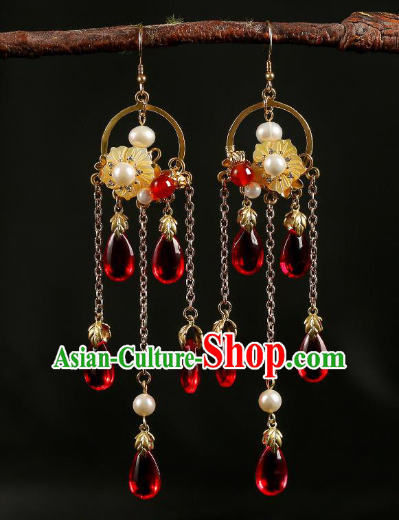 Handmade Chinese Court Women Red Beads Tassel Ear Accessories Classical Eardrop Hanfu Shell Flower Earrings