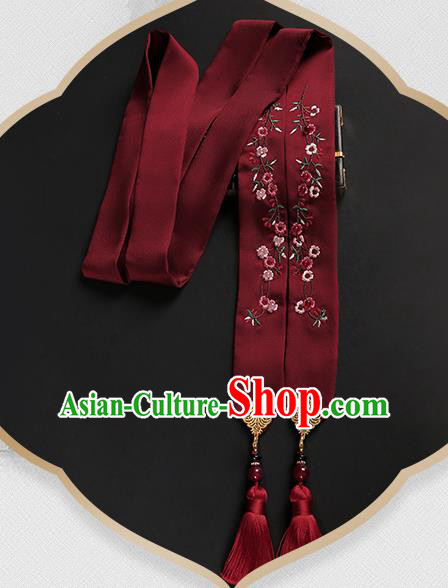 Chinese Classical Embroidered Wine Red Silk Headband Hanfu Hair Accessories Handmade Tassel Bandeau Hairlace for Women