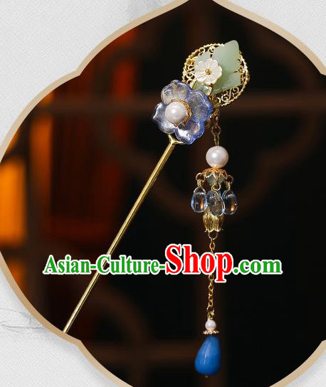 Chinese Classical Blue Flower Hair Clip Hanfu Hair Accessories Handmade Tassel Hairpins for Women