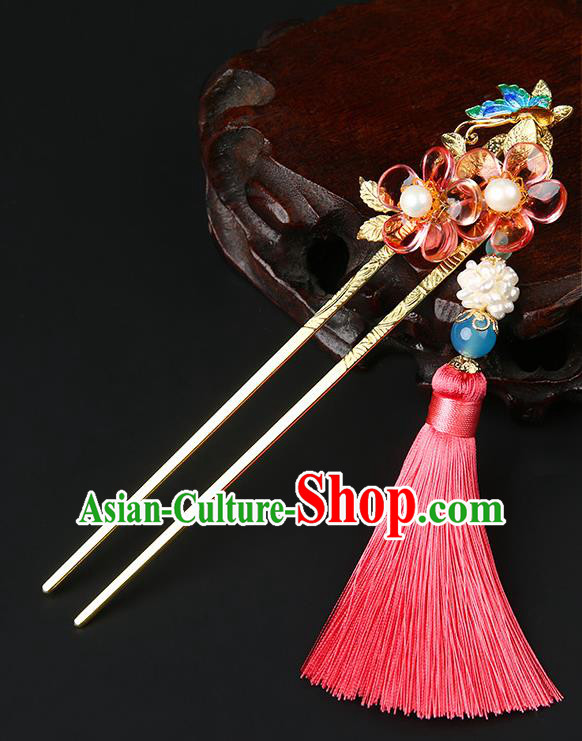 Chinese Classical Song Dynasty Pink Tassel Hair Clip Hanfu Hair Accessories Handmade Ancient Pearls Flower Hairpins for Women