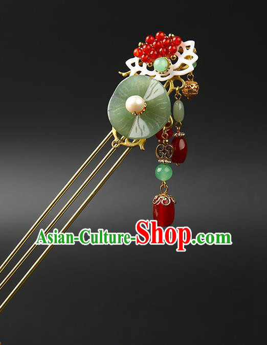 Chinese Classical Jade Lotus Leaf Hair Clip Hanfu Hair Accessories Handmade Ancient Princess Red Beads Tassel Hairpins for Women