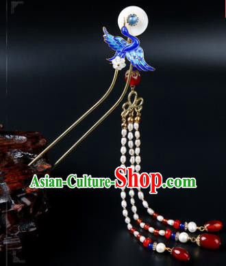 Chinese Classical Qing Dynasty Blueing Crane Hair Clip Hanfu Hair Accessories Handmade Ancient Princess Pearls Tassel Hairpins for Women