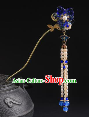 Chinese Classical Qing Dynasty Blue Flower Hair Clip Hanfu Hair Accessories Handmade Ancient Princess Pearls Tassel Hairpins for Women