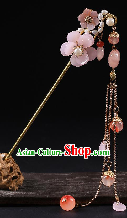 Chinese Classical Pink Plum Hair Clip Hanfu Hair Accessories Handmade Ancient Princess Tassel Hairpins for Women