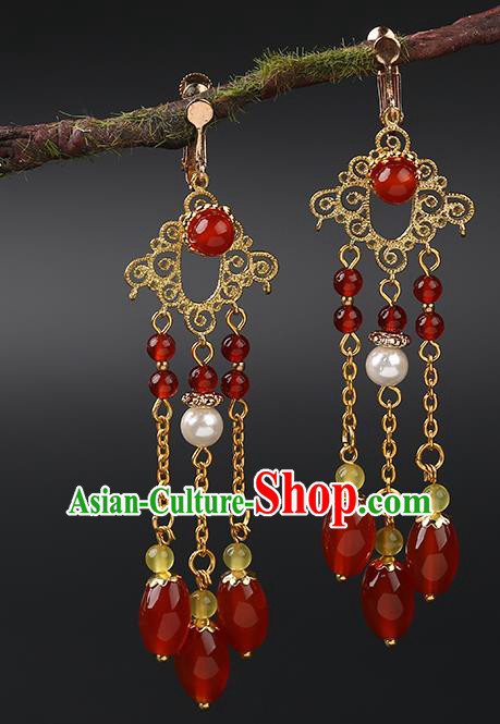 Handmade Chinese Wedding Ear Accessories Classical Eardrop Ancient Women Hanfu Red Beads Tassel Earrings