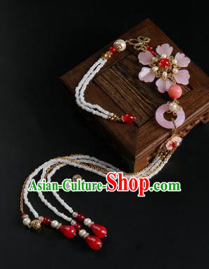 Chinese Classical Pink Flowers Jade Carving Waist Accessories Ancient Princess Hanfu Beads Tassel Belt Pendant