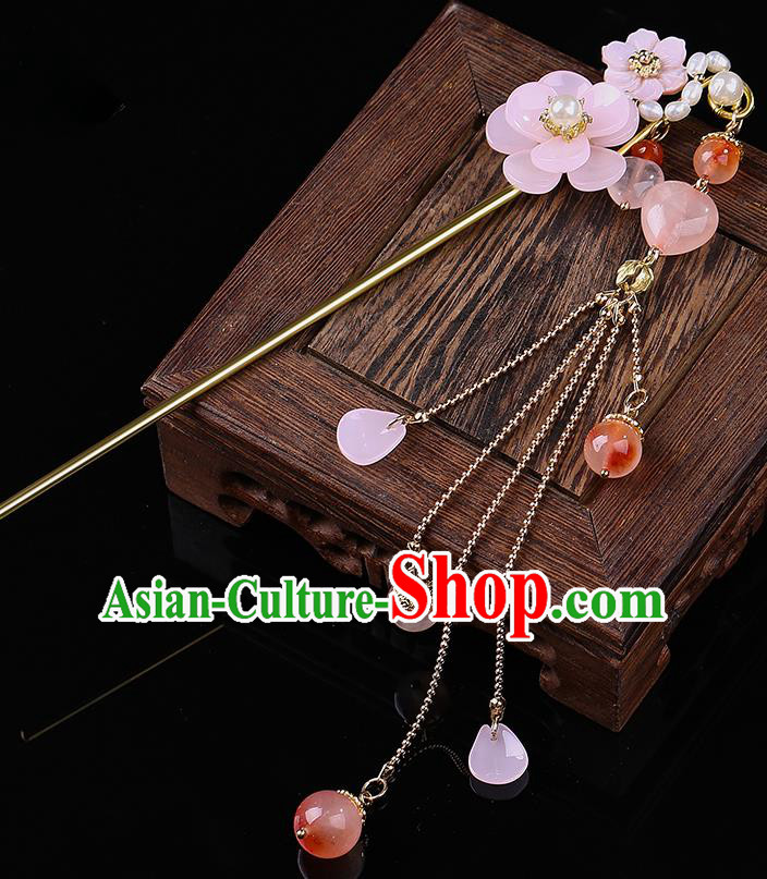 Chinese Classical Pink Flower Hair Clip Hanfu Hair Accessories Handmade Ancient Princess Tassel Hairpins for Women