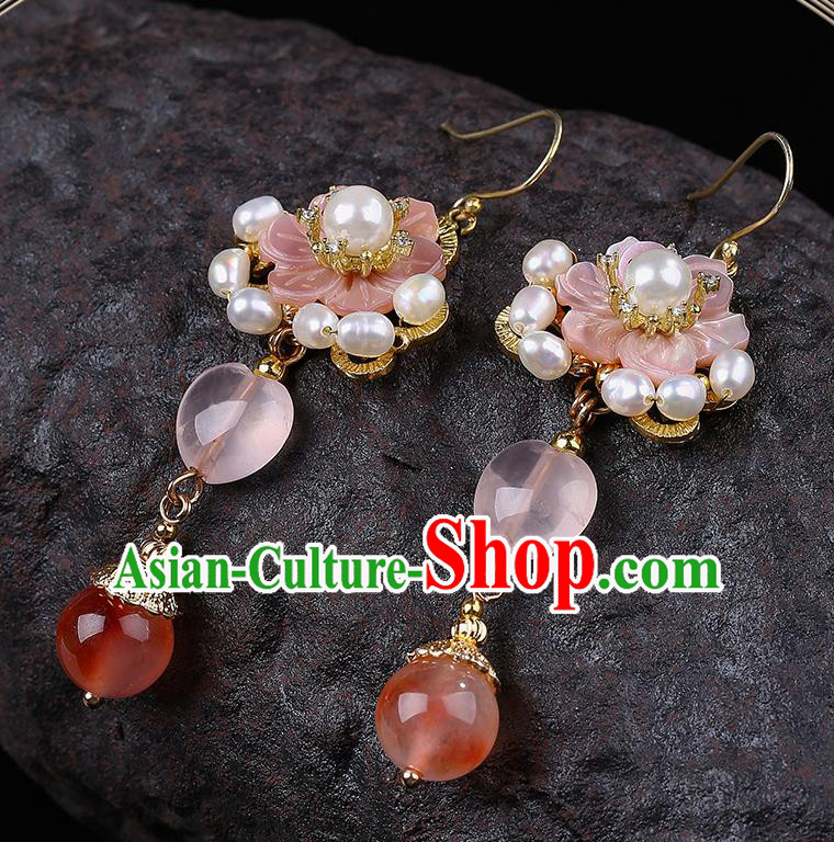 Handmade Chinese Shell Flower Ear Accessories Classical Eardrop Ancient Women Hanfu Pearls Earrings