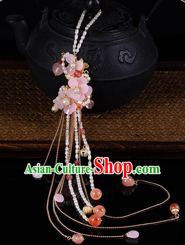 Chinese Classical Hanfu Pearls Tassel Waist Accessories Ancient Princess Pink Flowers Belt Pendant